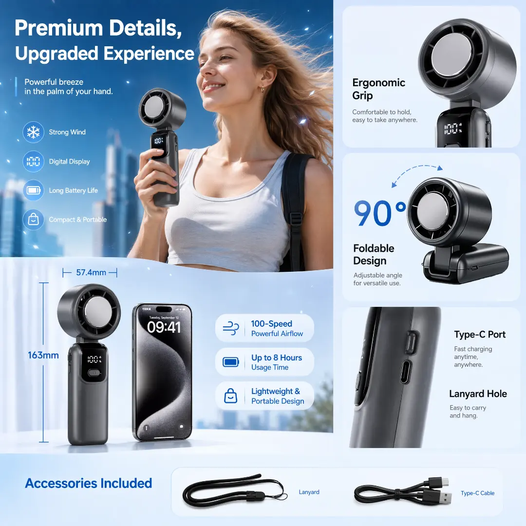 Portable Handheld Fan,Levels Foldable, for Summer Travel Vacation Essentials& Outdoor Activities cool fan, Cooling Hand Fan for Summer Travel, Beach Vacation,Rechargeable 15 Hours Battery Operated 100 GearSpeed Strong Airflow Handheld Fan,