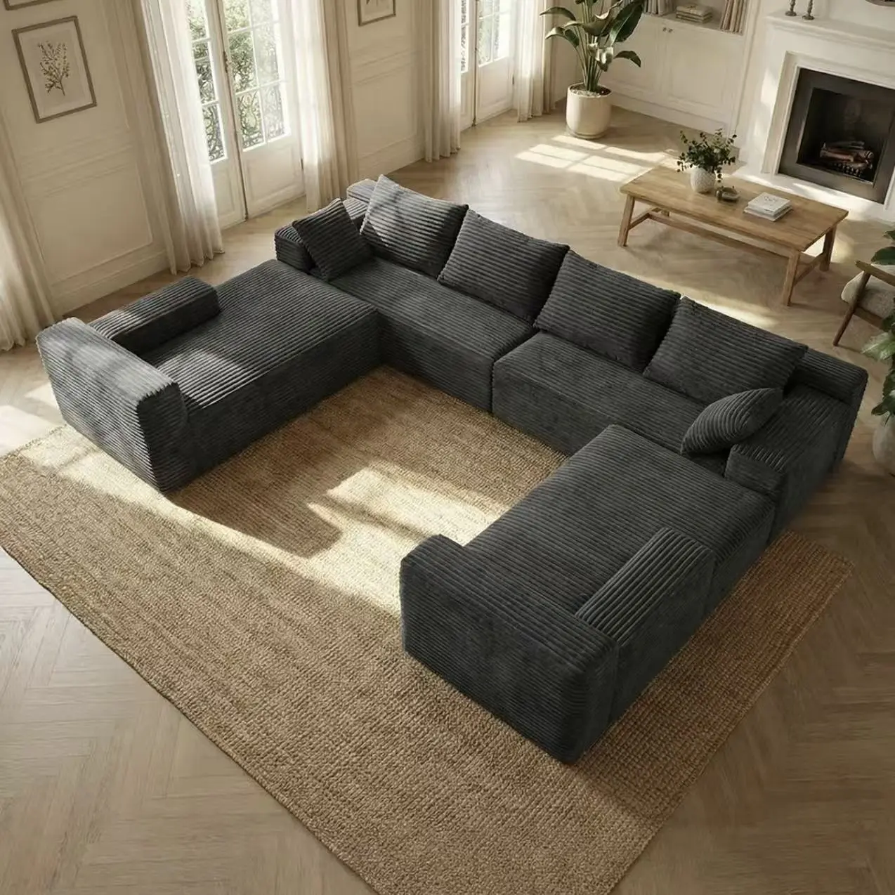 96in-Black Left Chaise Lazy Cloud Corduroy Upholstered Sofa, 137in 8-Seater 4-in-1 Convertible Modular Sectional with Chaise Lounges, Deep-Seat Corner No-Assembly Comfy Couch for Apartment Living Rooms, Lazy Cloud Sofa, Boneless Upholstered Sofas