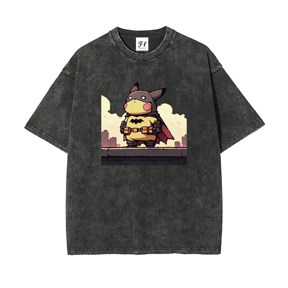 Men's Vintage Acid Wash Pika-Batman Graphic Tee - Heavyweight Cotton Fabric, Garment Dyed, Stretch, Short-Sleeve, Round Neck, Drop Shoulder Oversized Fit