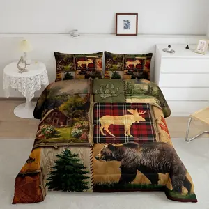 Feelyou Queen Size Wildlife Hunting Quilt Cover Set, 3pcs Cartoon Animals Bedding Set with 2 Pillowcases, Soft Breathable Blanket Deer Bear Quilt for Kids Boys