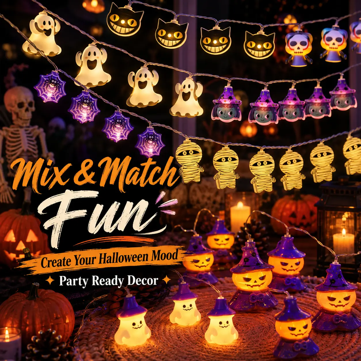Halloween LED String Lights, Ghost Pumpkin Skull Cat Garland Lights, Battery Powered Indoor Halloween Decorations for Party Room Window Mantel Decor