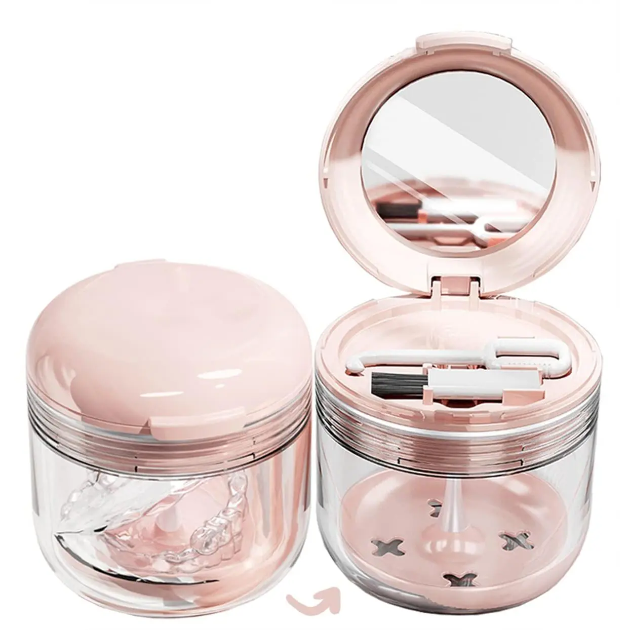 Leak-Proof ABS Denture Bath Case Kit with Strainer Basket, Built-In Mirror & Cleansing Function, 0.28lbs Lightweight Oral Container for Retainers & Aligners, Convenient-for-Travel Home Organizer Storage Cup