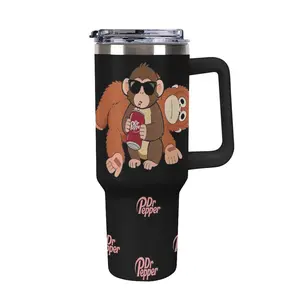 Chill Punch Monkey Drinking Soda 40oz Tumbler with Handle, Retro Aesthetic Monkey Design, Dr Pepper Inspired Travel Mug, Stainless Steel Insulated Cup, Preppy Water Bottle with Straw, Gift for Soda Lovers, Cute Animal Drinkware