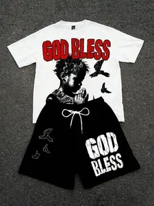 Cotton Fashion 2PC Set - GOD BLESS Praying Kid & Birds Pattern Printed T-Shirt+Shorts, Breathable And Comfortable Streetwear Set