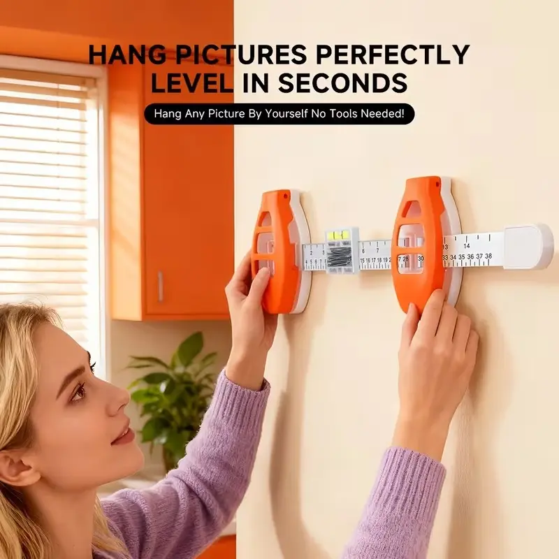 ABS Wall-Mount Picture Hanging Level Tool, Accurate Hand Measuring Tool with Built-In Bubble Level, Adjustable Measuring Slider, Dual Nail Installation, Easy Frame Alignment for Home Decoration, Hangable Father’s Gift