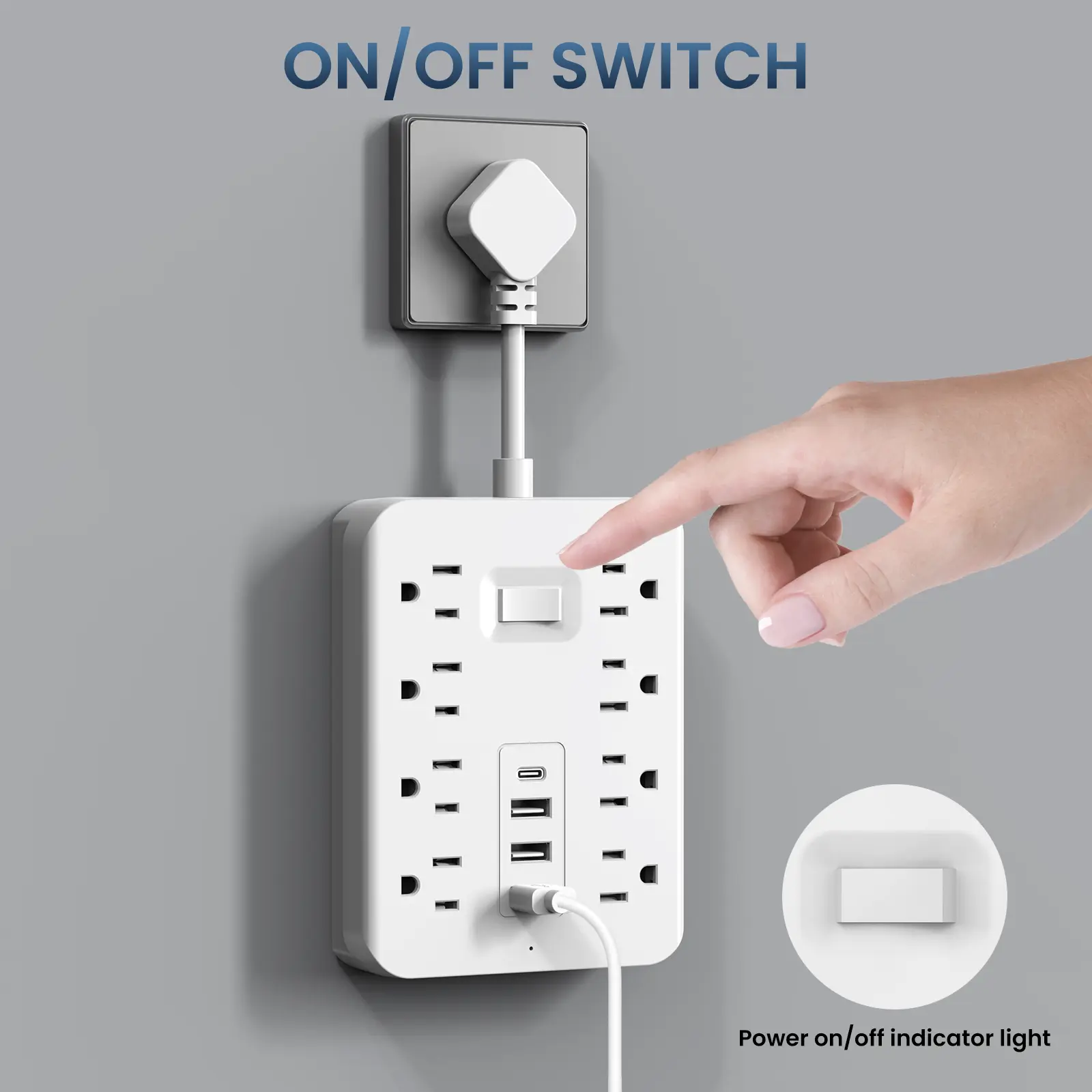 12-in-1 Power Strip with Surge Protection and One-Touch Control Switch - 8 Spacious AC Outlets with 4 USB Ports (including 1 Type-C) - Wall-Mountable Extension Cord for Office, Study, Home, and School Use - US Plug,Rectangle Power Supply