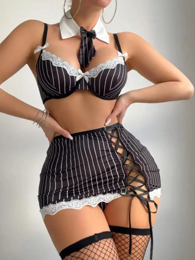 Rabbit Barbie Sexy Teacher Cosplay Lingerie Set – 4-Piece Roleplay Outfit, Women, Costume, Cosplay Outfit, Polyester Fabric