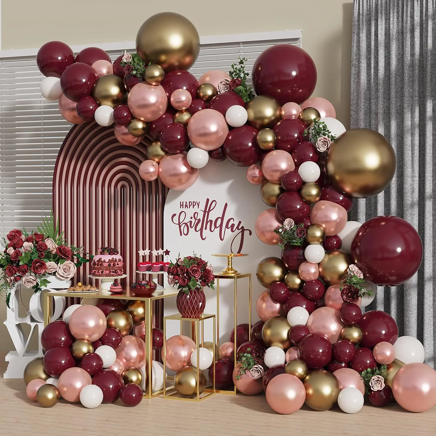 140Pcs Diy Burgundy Garland Balloons Kits With 18/12/10/5Inch Metallic Chrome Balloons For Birthday Party Celebration Graduation Wedding Baby Shower Ceremony Anniversary Balloon Chain. (Burgundy)