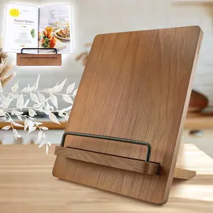Adjustable Wooden Recipe Book Holder for Kitchen Counter, Cutting Board Style iPad Tablet Cookbook Stand, Brown