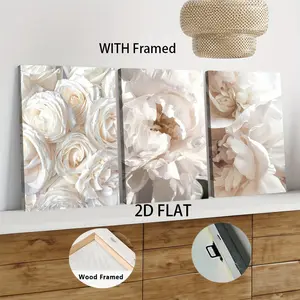 3pcs Framed  This framed decorative painting features blooming white roses with vivid water droplet details on the petals bringing elegance and vitality to your living space. High-quality canvas mate Decorative Artwork