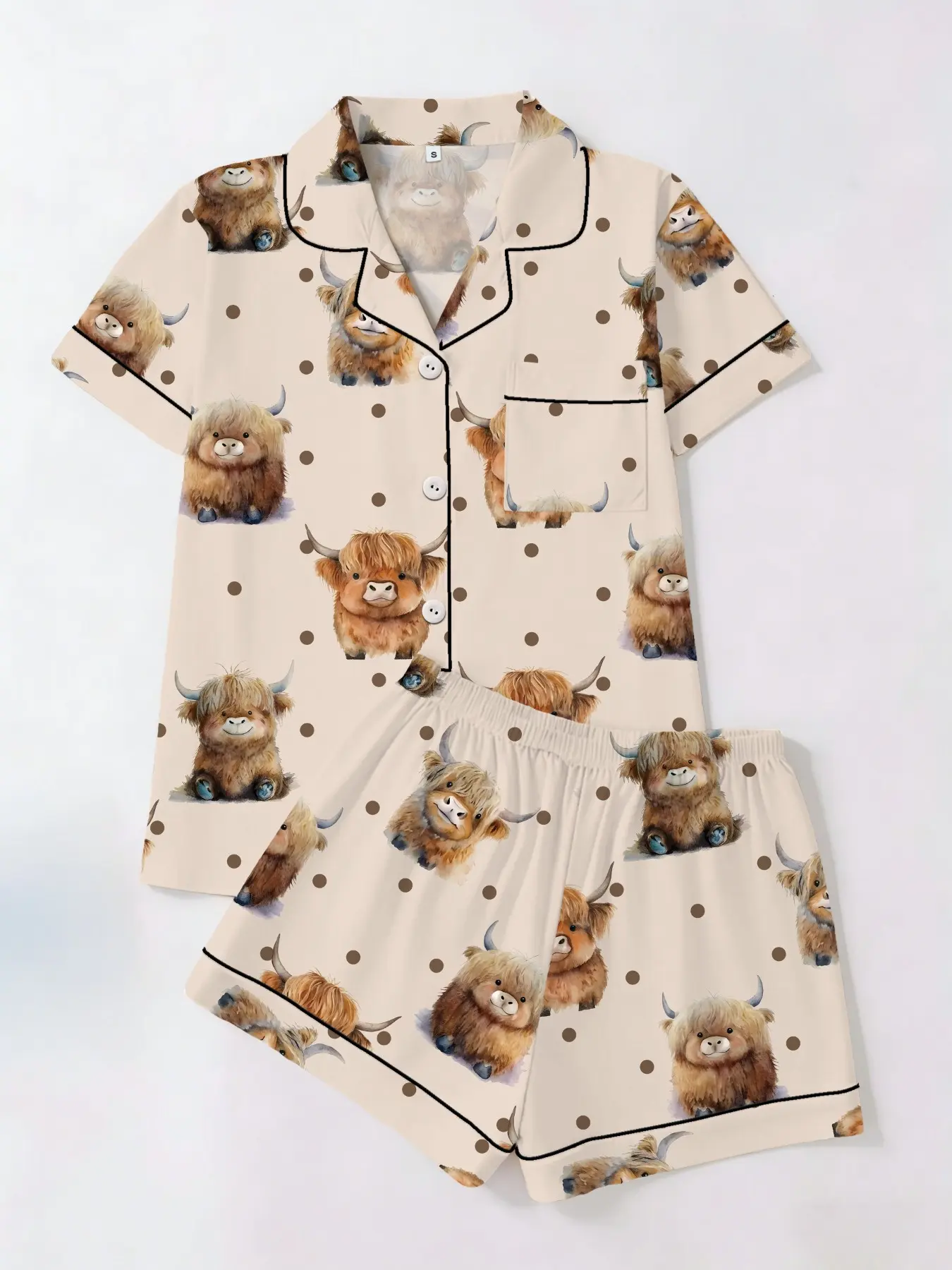 Highland Cow Print 2-Piece Pajama Set, Short Sleeve Button-Up Shirt and Shorts, Cute Casual Homewear for All Seasons