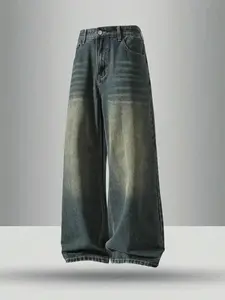 2026 Men's vintage washed loose straight-leg jeans, casual four-season street style, zipper fly, solid color pattern, daily wear denim pants.If you prefer a looser fit, order one size larger.