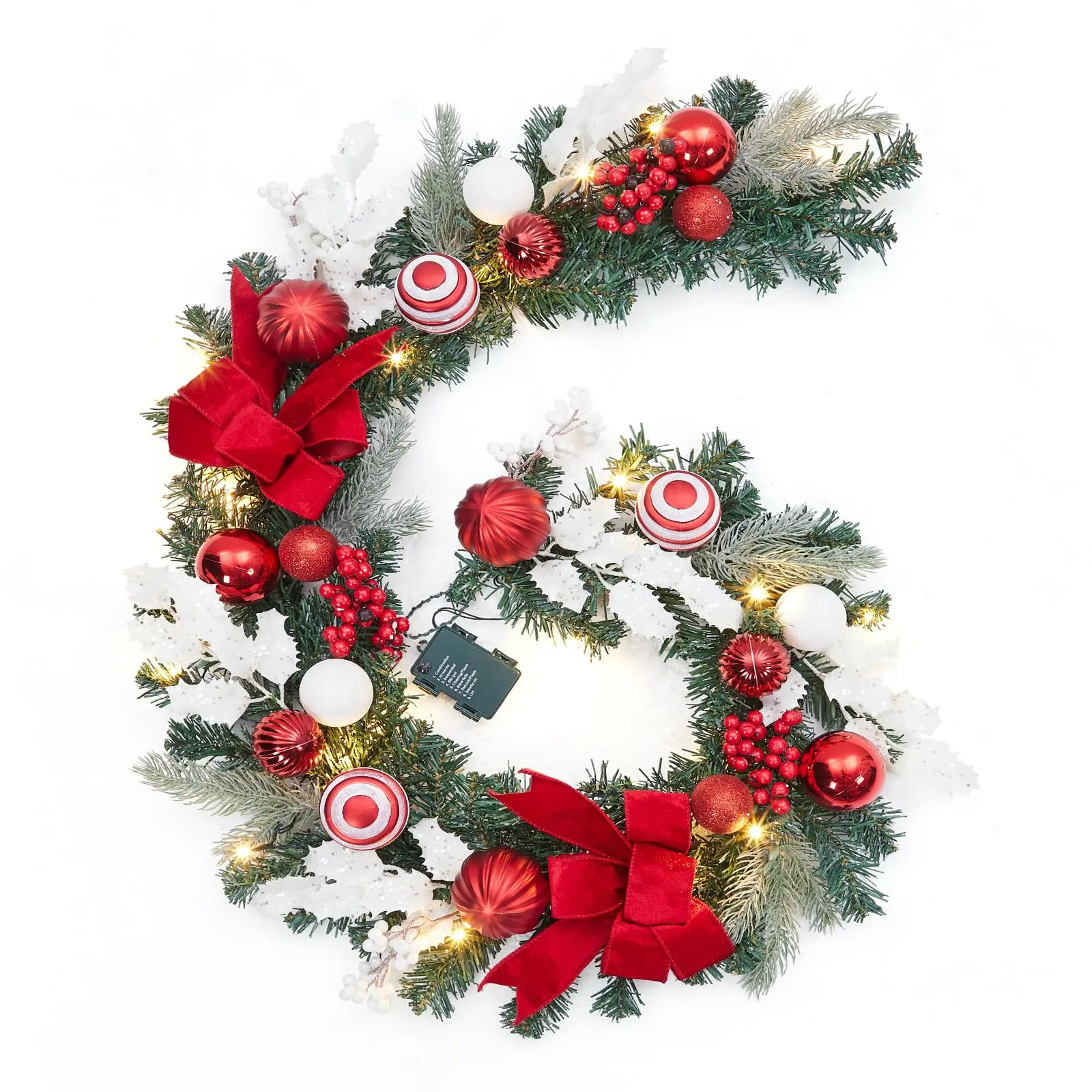 6FT Pre-Lit Christmas Garland with 20 Battery-Operated Lights & Timer - Festive Red & White Decor for Mantle & Table Centerpiece, Indoor/Outdoor