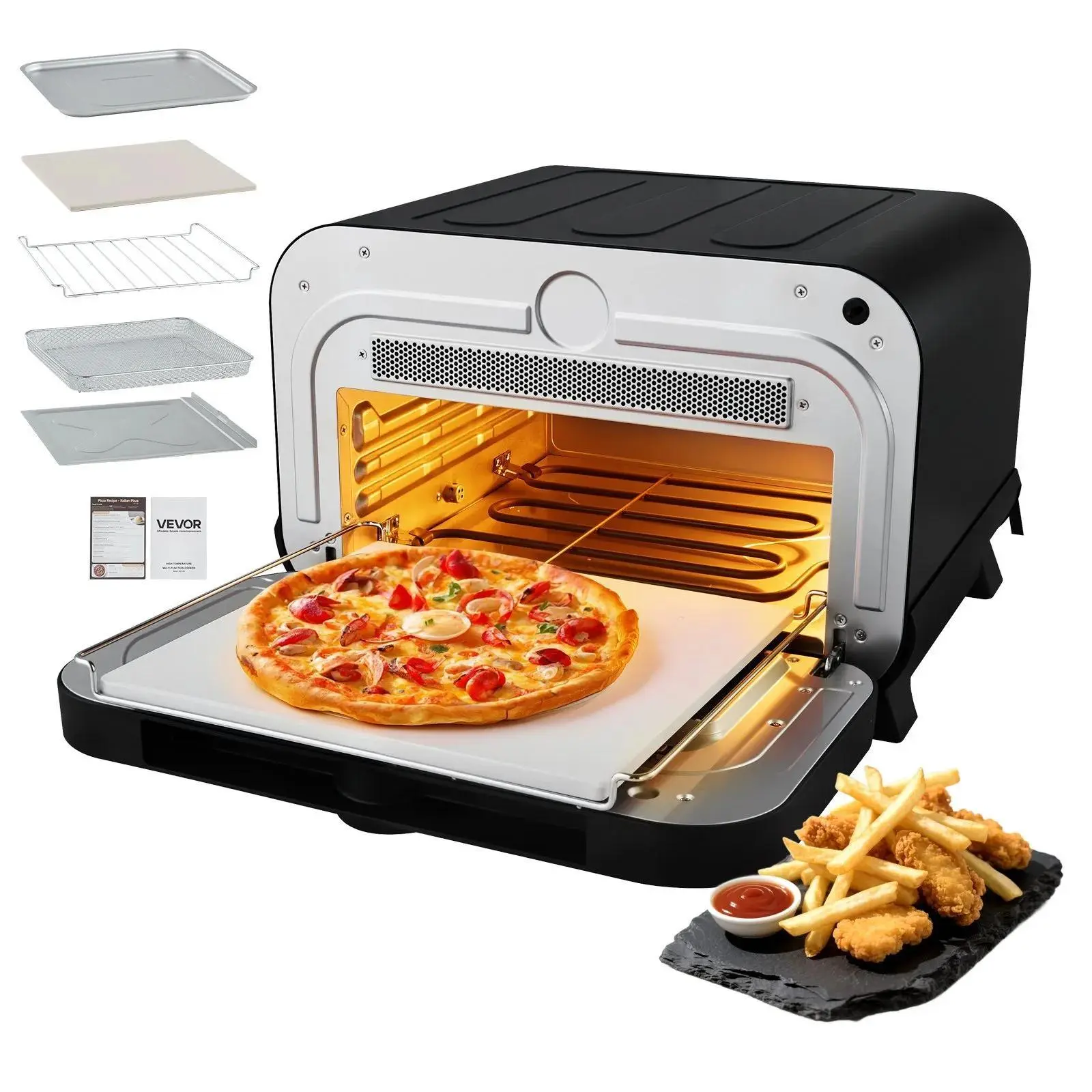 【DealsForYouDays】VEVOR Pizza Oven,  , 8 Presets Electric Pizza Ovens Air Fry Combo, 12-Inch Indoor Pizza Maker Smart Knob Control , 750°F Max Temp, IPX4 Waterproof Countertop Pizza Cooker w/Pizza Stone,Fry Basket