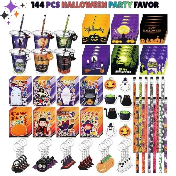 144PCS Halloween Party Favors for Kids | 24 Pack Halloween Stationery Set, Halloween Goodie Bag Stuffers, Non Candy Trick or Treat Toys, Classroom Prizes & Party Supplies