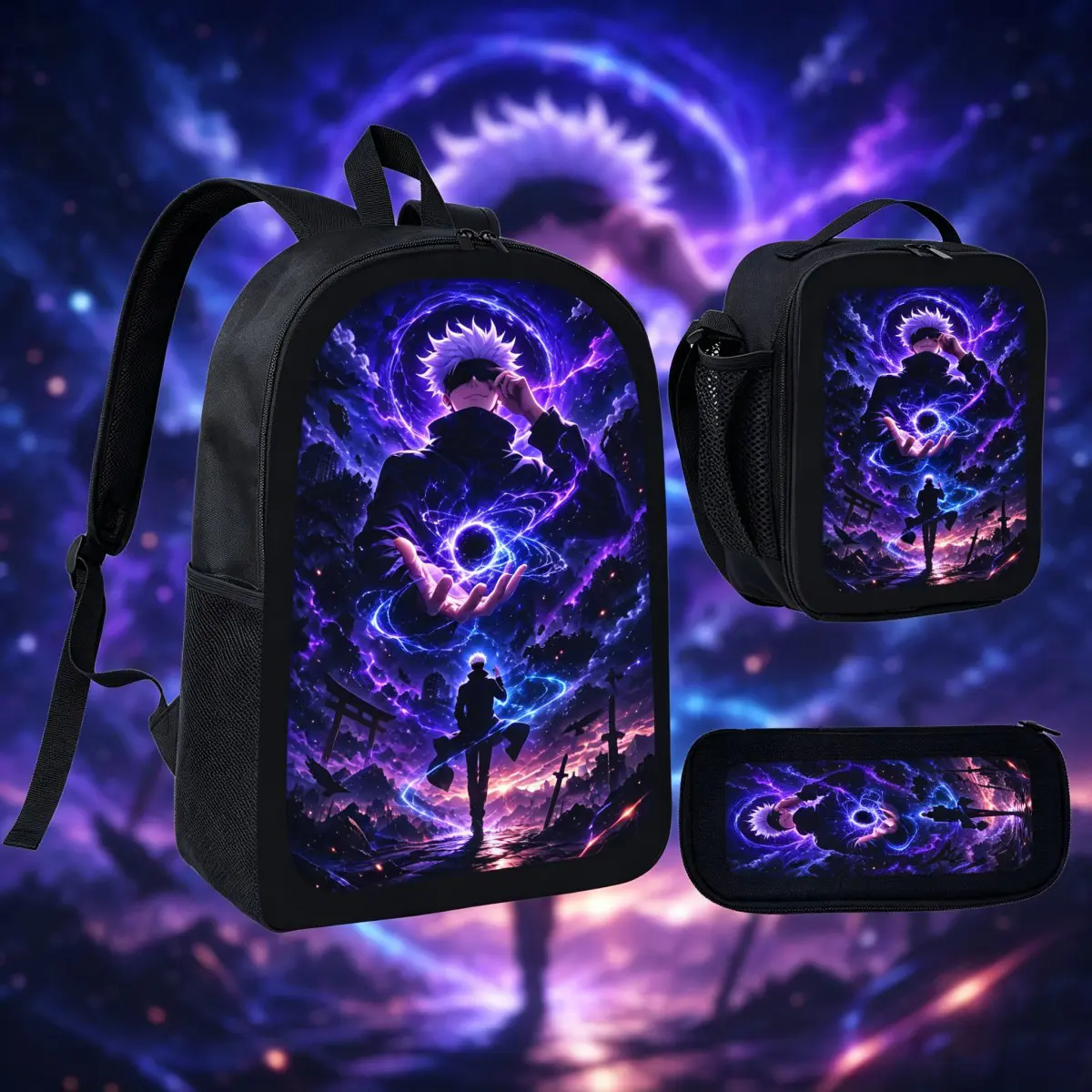 Jujutsu Kaisen Satoru Gojo 3-in-1 Backpack Set - Purple Cosmic Anime Graphic Bookbag with Insulated Lunch Bag, Pencil Pouch for School, Daily Travel (Boys, Girls)
