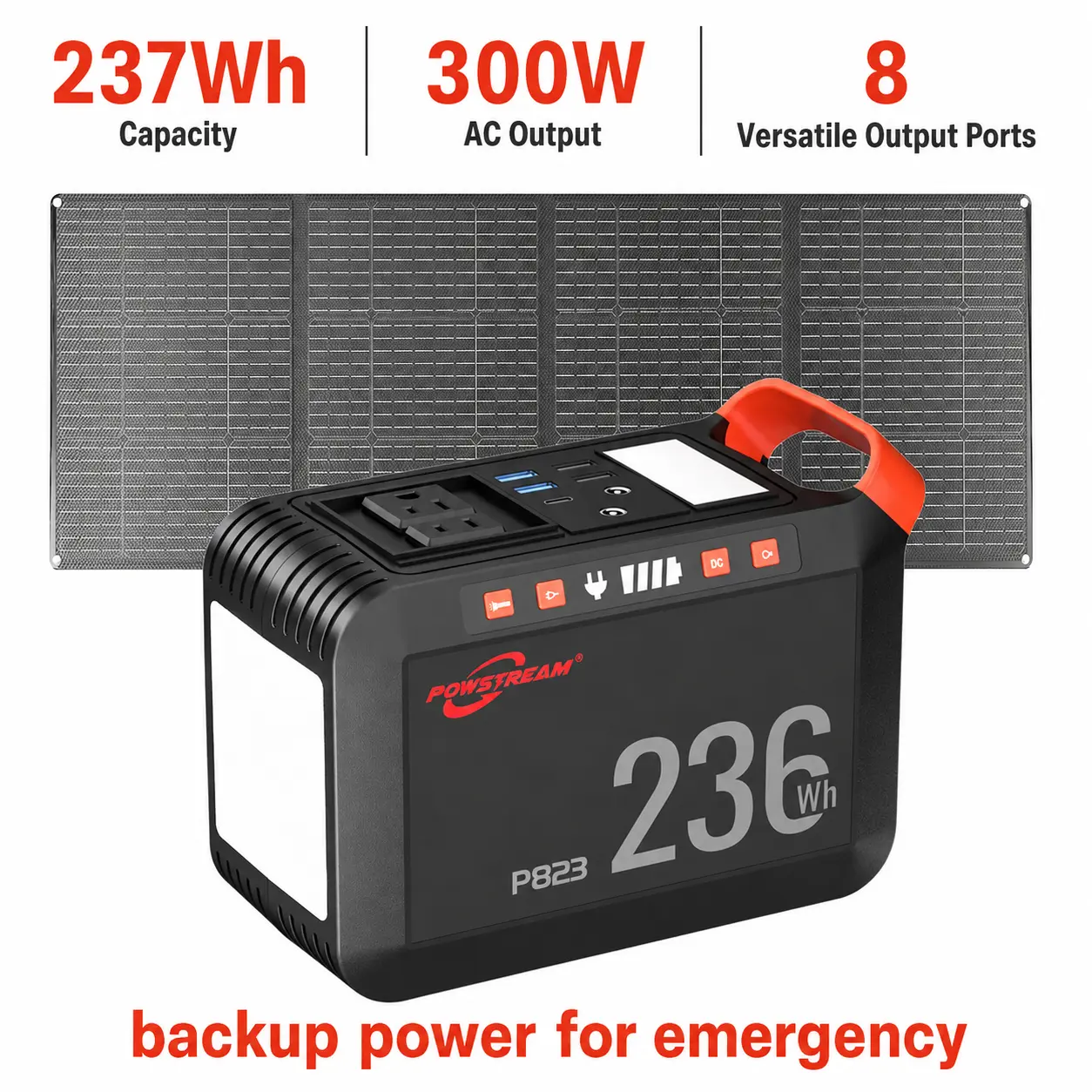 237Wh Solar Generator with 60W Solar Panel Portable Power Station with 2 x 300W AC Outlets (375W Surge) 8 Output Ports Pure Sine Wave for Home Camping Essentials Emergency