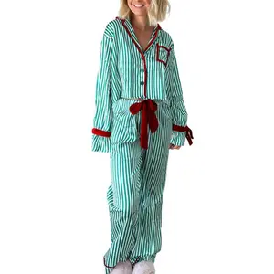 Women’s striped pajama set with long sleeves, buttons, exposed navel top, bow-tie long pants, 2-piece pajama set, casual wear, polyester women’s loungewear, green pajamas PJs GARMENTARY