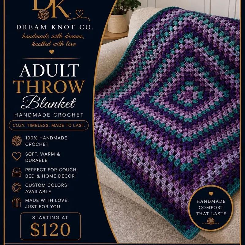 Dream Knot Co. Adult Throw Blanket Handmade Crochet Cozy Timeless Soft Warm & Durable Perfect for Couch Bed & Home Decor Custom Orders Available