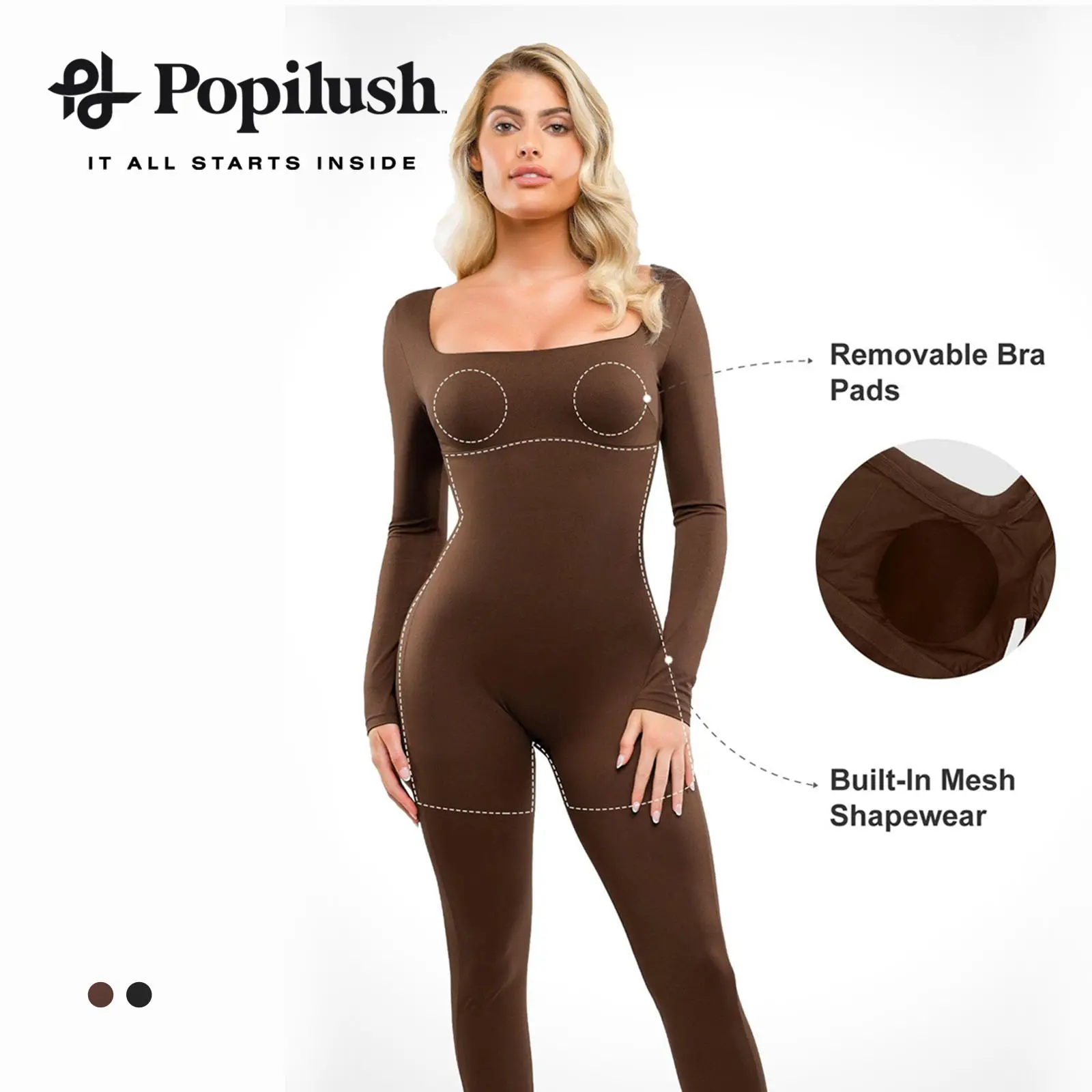Popilush Long Sleeve Square-Neck Shapewear Jumpsuit