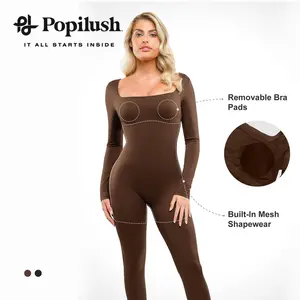 Popilush Long Sleeve Square-Neck Shapewear Jumpsuit