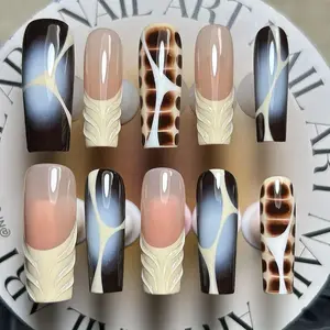 Neutral Brown Marble Press On Nails, 3D Leaf Leopard Swirl Design, Handmade Reusable Square Fake Nails for Women