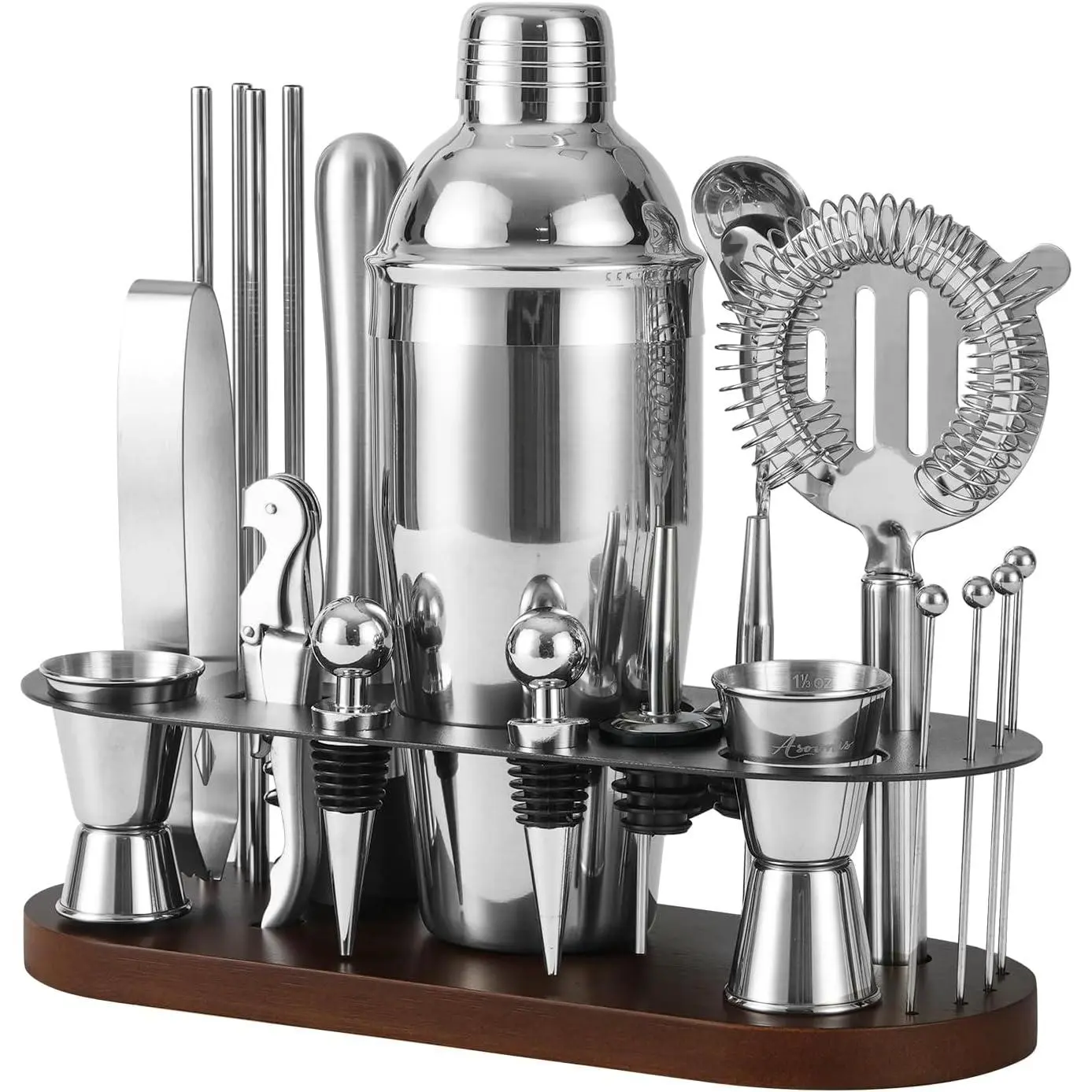 23-Piece Bartender Kit, Cocktail Shaker Set with Stand|   Bar Drink Mixer Set with All Essential Bar Tools: Martini Shaker, Jigger, Strainer, Pourers, for Home, Bar, Party (Chocolate-y)