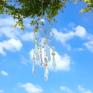 Crystal Sun Catcher Wind Chimes, Romantic Moon and Star Hanging Ornament, Rainbow Maker for Girl's Room Decor, All Seasons Outdoor Accent