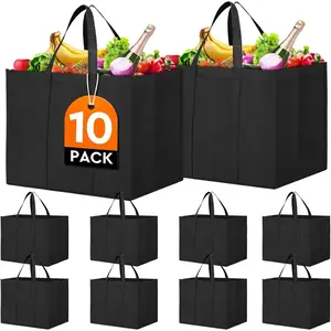 Reusable Grocery Shopping Bags 10 Pack Large Foldable Tote Bags Bulk, with Long Handle for Shopping Groceries Clothes (Black)
