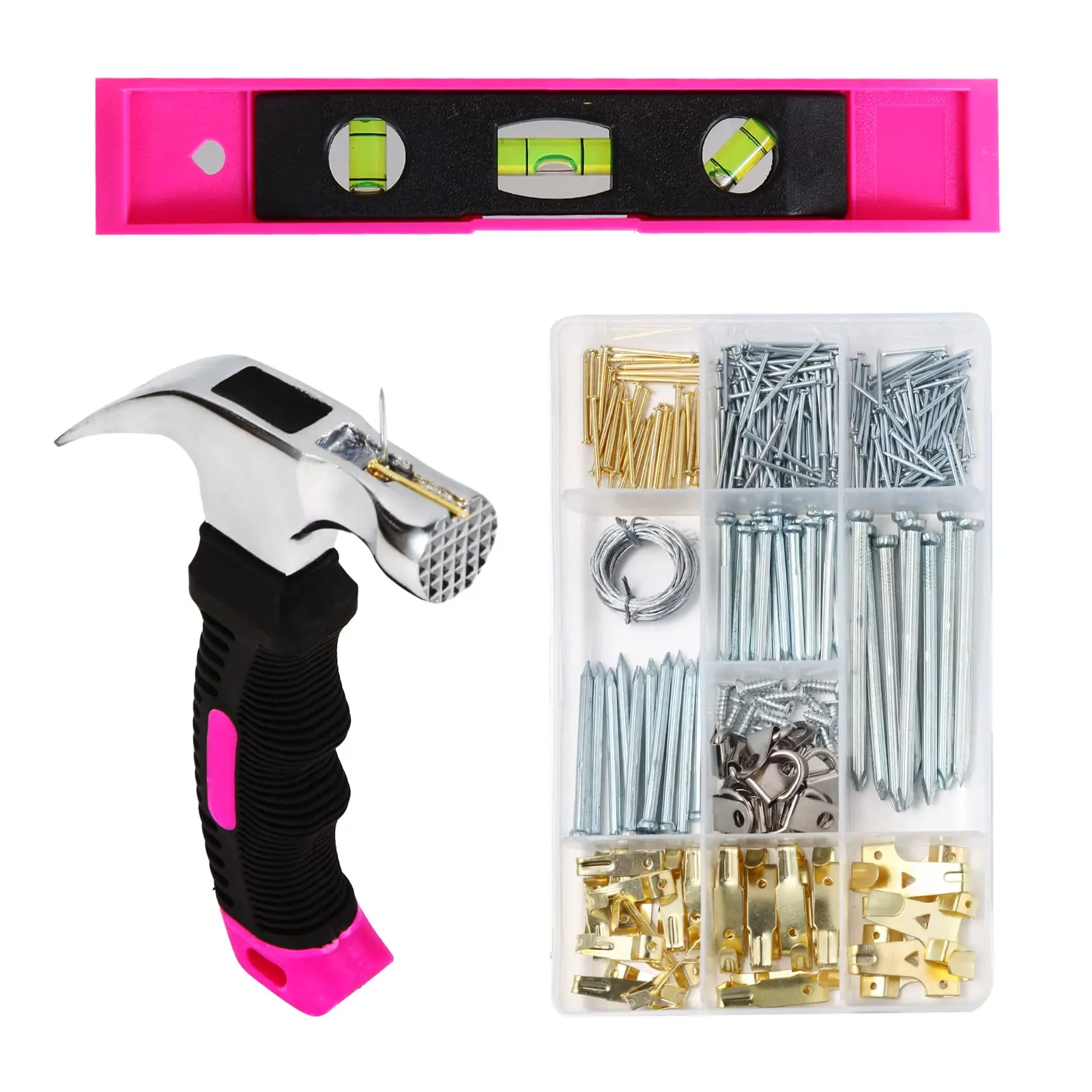315PCS Feminine Picture Hanging Hardware Kit for Installation - Adjustable Hooks, Hanging Wire, Nails, D Rings, Frame Hangers, Magnetic Level, Mini Pink Claw Hammer, Lightweight Plastic Storage Box for Hangable Photo Frames, Home Wall Art, Birthday Decor