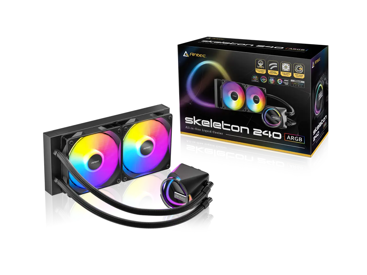 Antec Skeleton 240 ARGB AIO Liquid CPU Cooler, 240 mm Radiator, 2 x 120 mm PWM ARGB Fans, Copper Base, Intel LGA 1150/1151/1155/1156/1200/1700/2011/2011-v3/2066, AMD AM4/AM5
