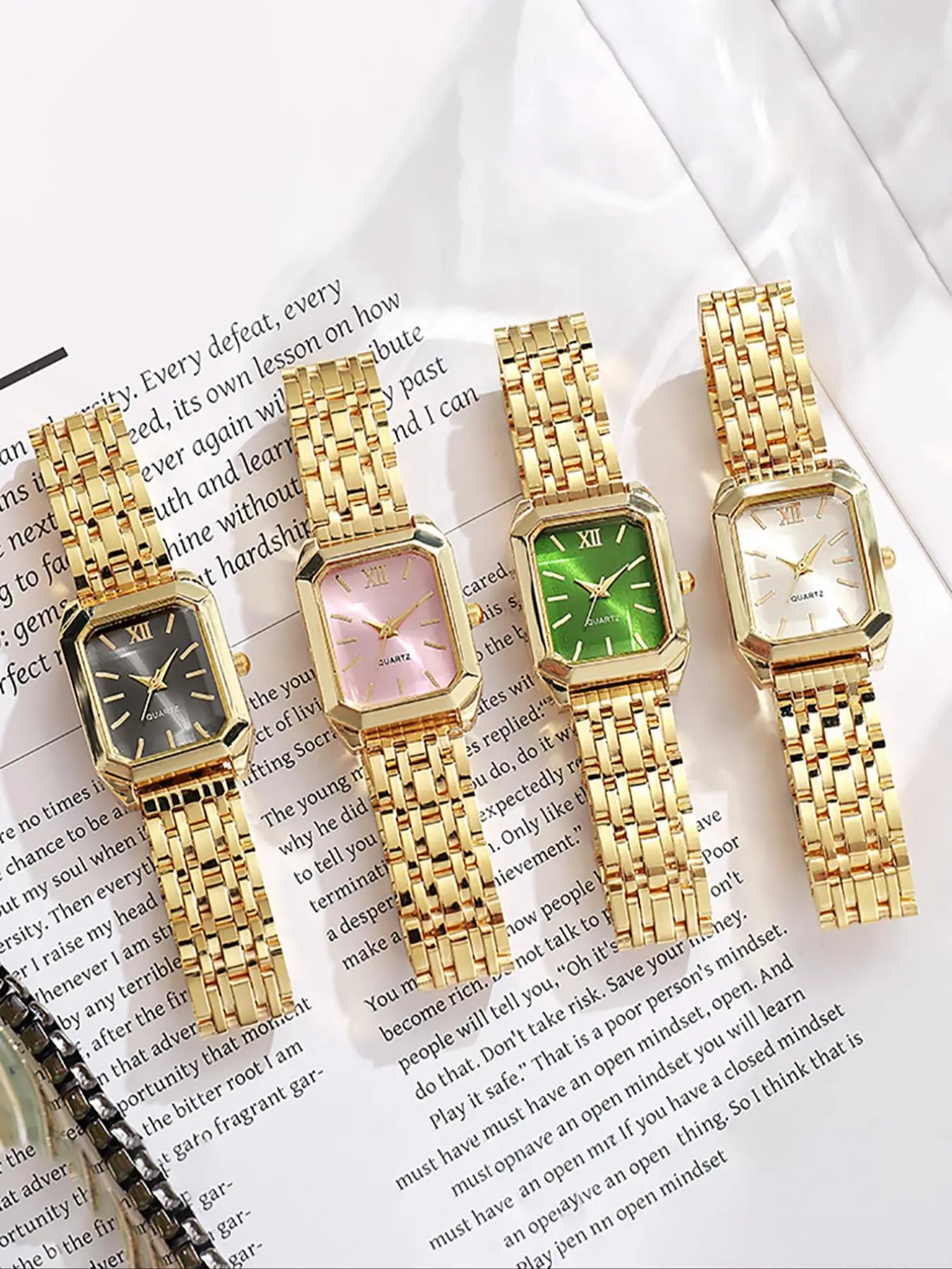 4PCS Elegant Women's Square Dial Quartz Stainless Steel Watch Set, Quartz Watches, Exquisite Fashion Accessory for Parties, Everyday Wear, Ideal Birthday Gift