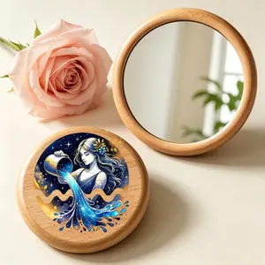 1pc  Aquarius Zodiac Wooden Compact Mirror - Round Portable Pocket Makeup Mirror with Celestial Goddess Art Print for Purse & Travel Zen Desktop Fountain Relaxation