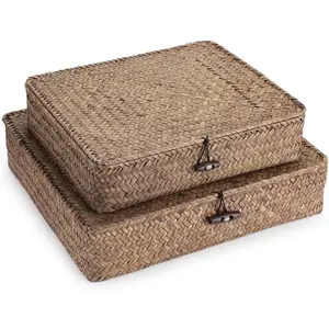 Set of 2 Flat Woven Wicker Storage Bins with Lid  Seagrass Basket Multipurpose  Boxes for Shelf Organizer (Coffee)