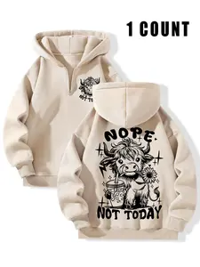 Womens Oversized Half Zip Hoodie Trendy Cute Highland Cow Graphic Fleece Sweatshirt, Cozy Outfits for Women, “NOPE NOT TODAY” Vibe Hoodie, Loose Fit Pullover with Pocket, Aesthetic Casual Clothes for Teen Girls, Warm Fuzzy Hooded Sweatshirts