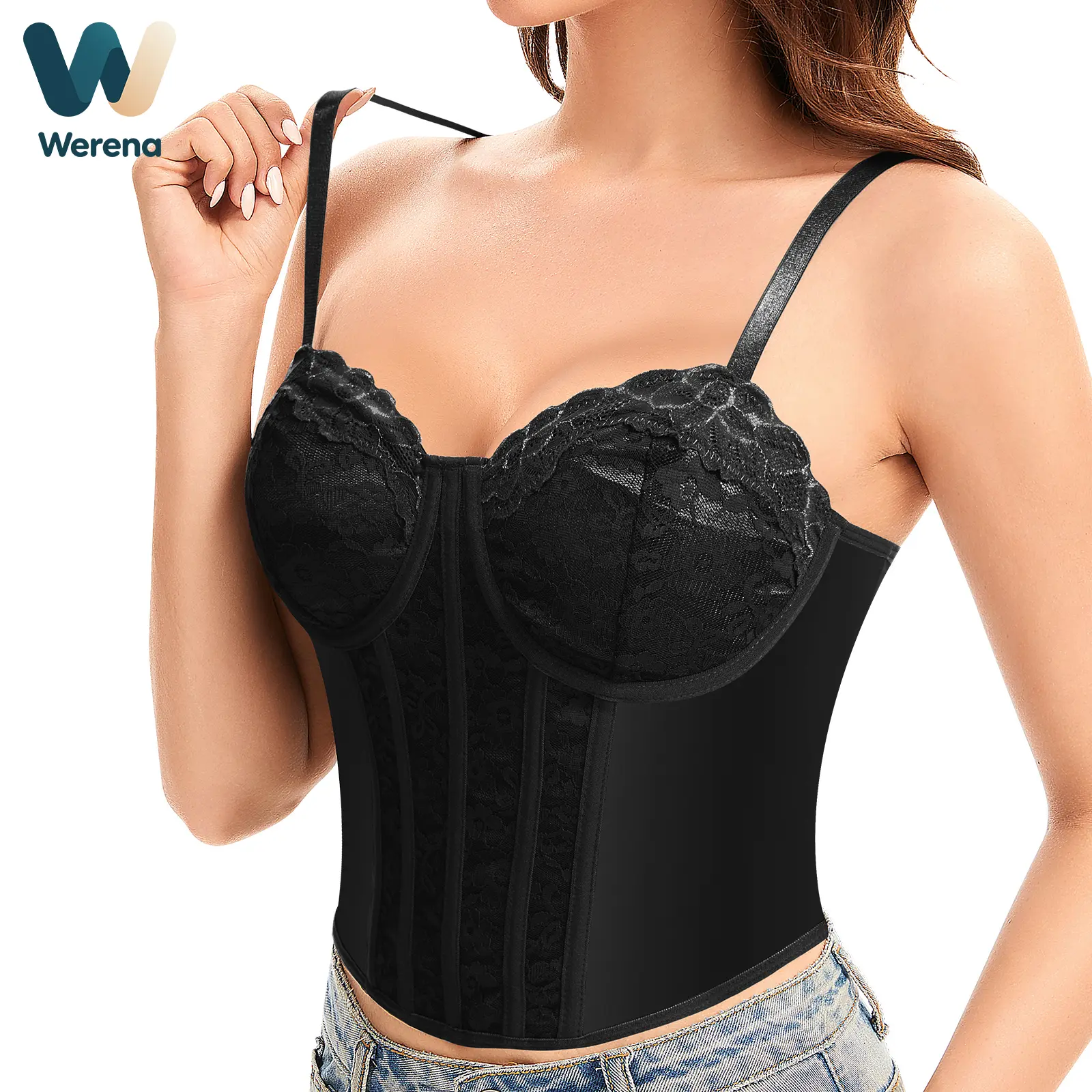 Werena Lace Corset Bustier Tops for Women Underwire Push Up with Boning and Hook & Eye Closure Body Sculpting Going Out Top for Date Night