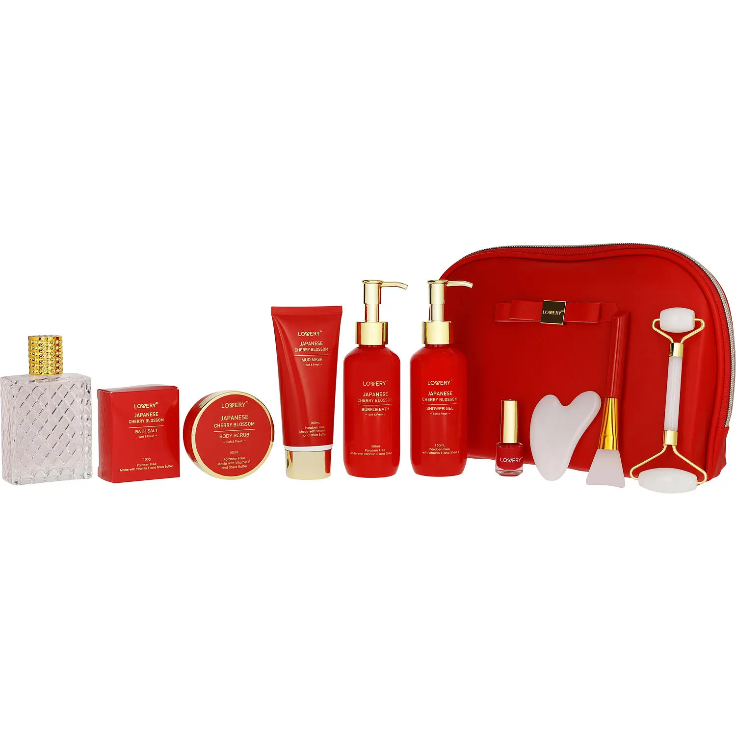 Lovery Japanese Cherry Blossom Set-Eau De Parfum Spray 2.5 Oz & Shower Gel 5 Oz & Bubble Bath 5 Oz & Body Scrub 1.69 Oz & Bath Salt 3.5 Oz & Mud Mask 3.38 Oz & Nail Polish & Face Brush & Face Roller & Gua Sha Stone & Bag For Unisex