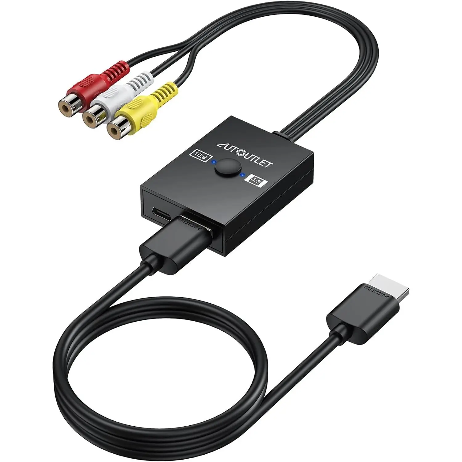AUTOUTLET RCA to HDMI Converter, AV to HDMI Adapter with 4:3/16:9 Aspect Ratio Switch, Supports 1080P/720P, Includes 1.5ft HDMI Cable for Retro Game Consoles (PS1, PS2, Wii, N64, DVD, VHS, VCR)