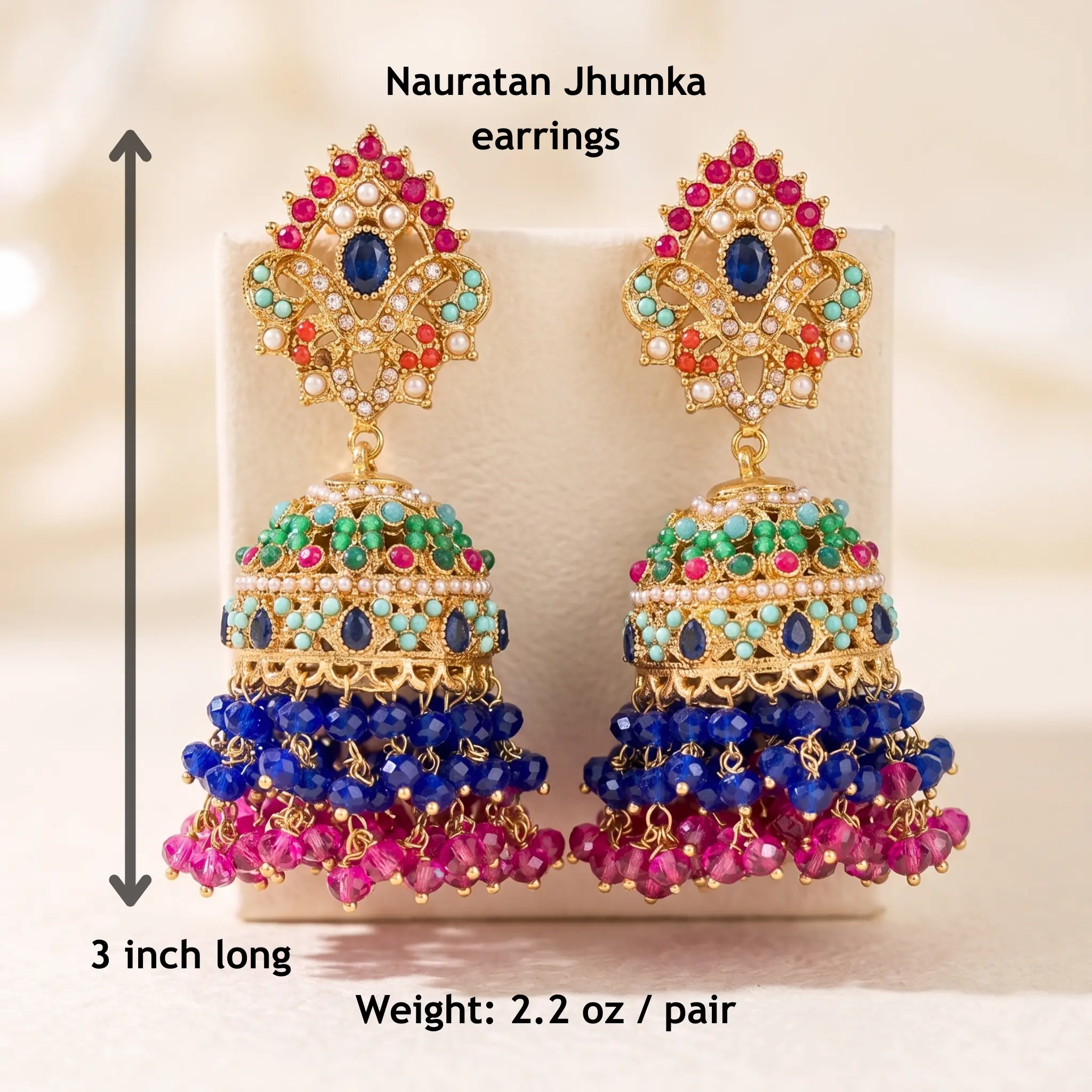 Nauratan Jhumka Earrings, 3" Length Multicolor Beaded Stones Drop Shape, Pakistani Traditional Costume Jewelry for Weddings