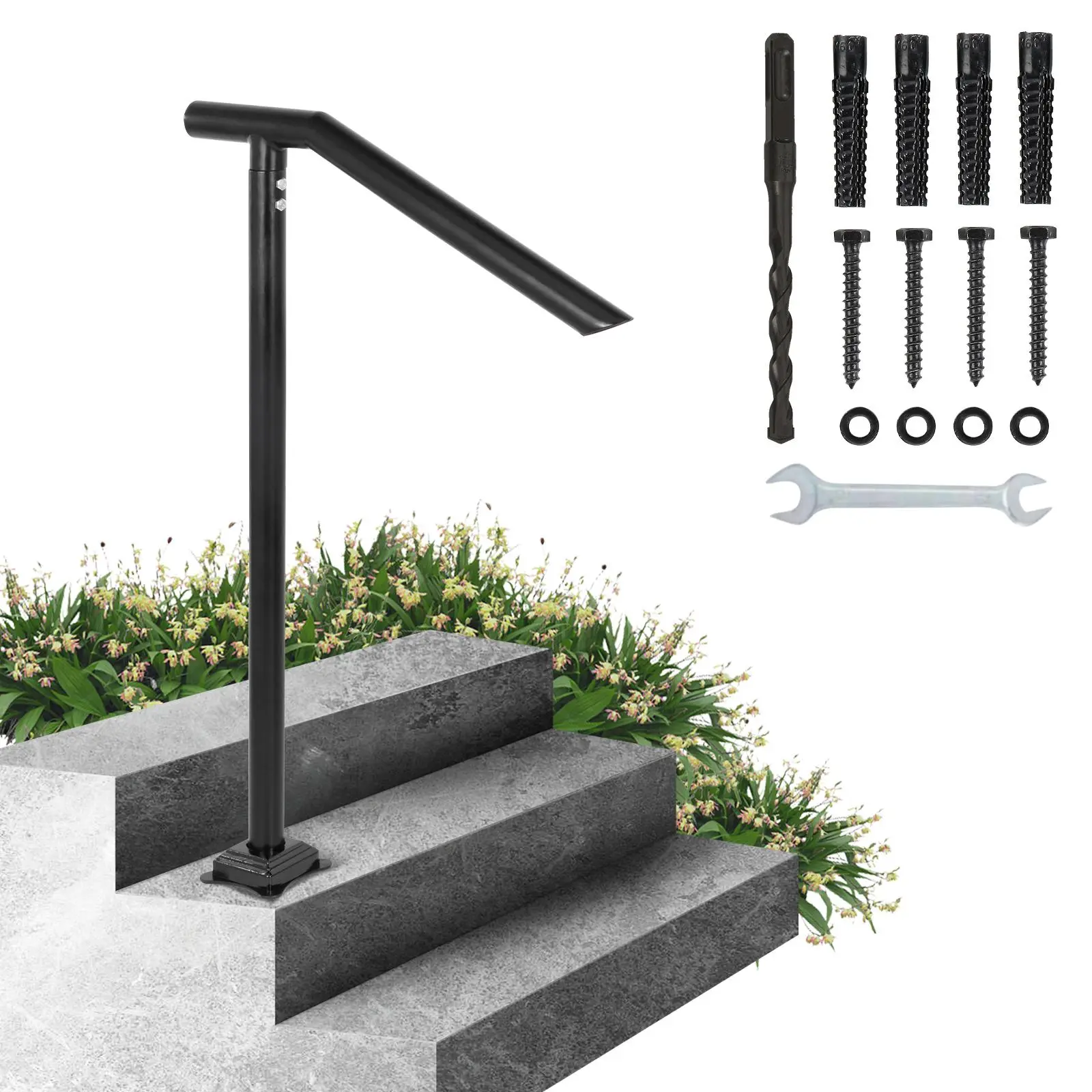 【Summerfinds】VEVOR Handrail, 1-3 Step Black Steel Railing for Steps 330LBS Capacity Stair Handrail  Baking Varnish Metal Handrail for Stairs Stylish Handrails for Outdoor Steps with Expansion Bolts & Drill Bit