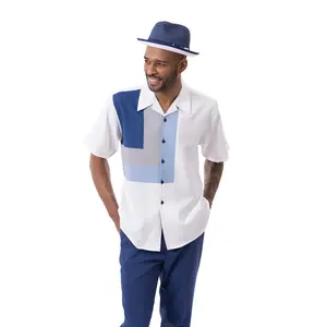 Montique Navy Square Pattern Walking Suit 2 Piece Short Sleeve Set 2309