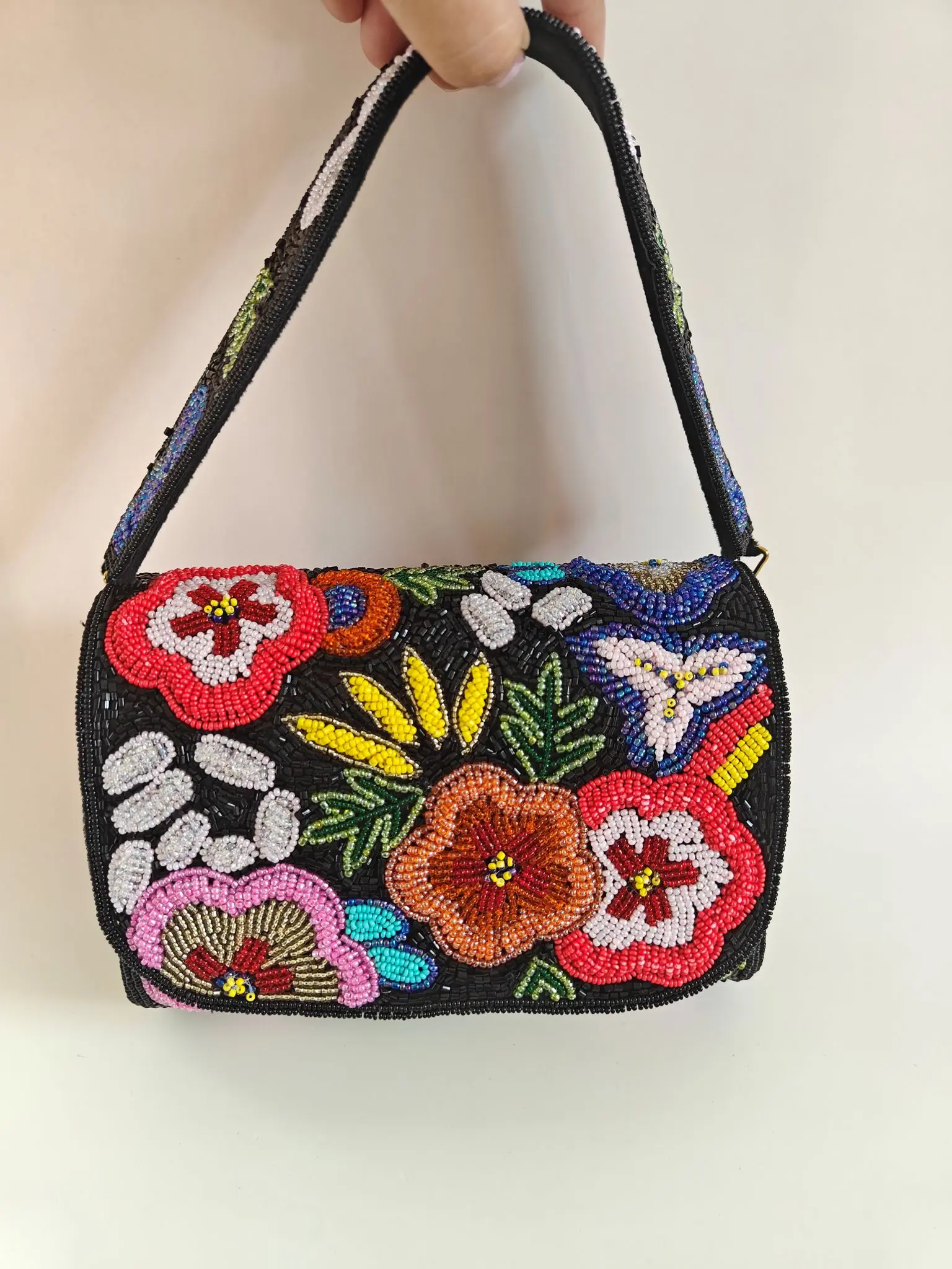 Viral Black Background Dream Flower Bag with Colorful Floral Embellishments and Black Handle