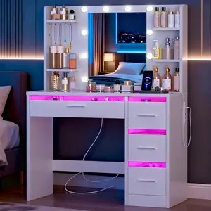 Furny Vanity Desk, Makeup Vanity Desk with Mirror and Lights , Glass Top Vanity with RGB Drawers, Power Outlet, for Bedroom