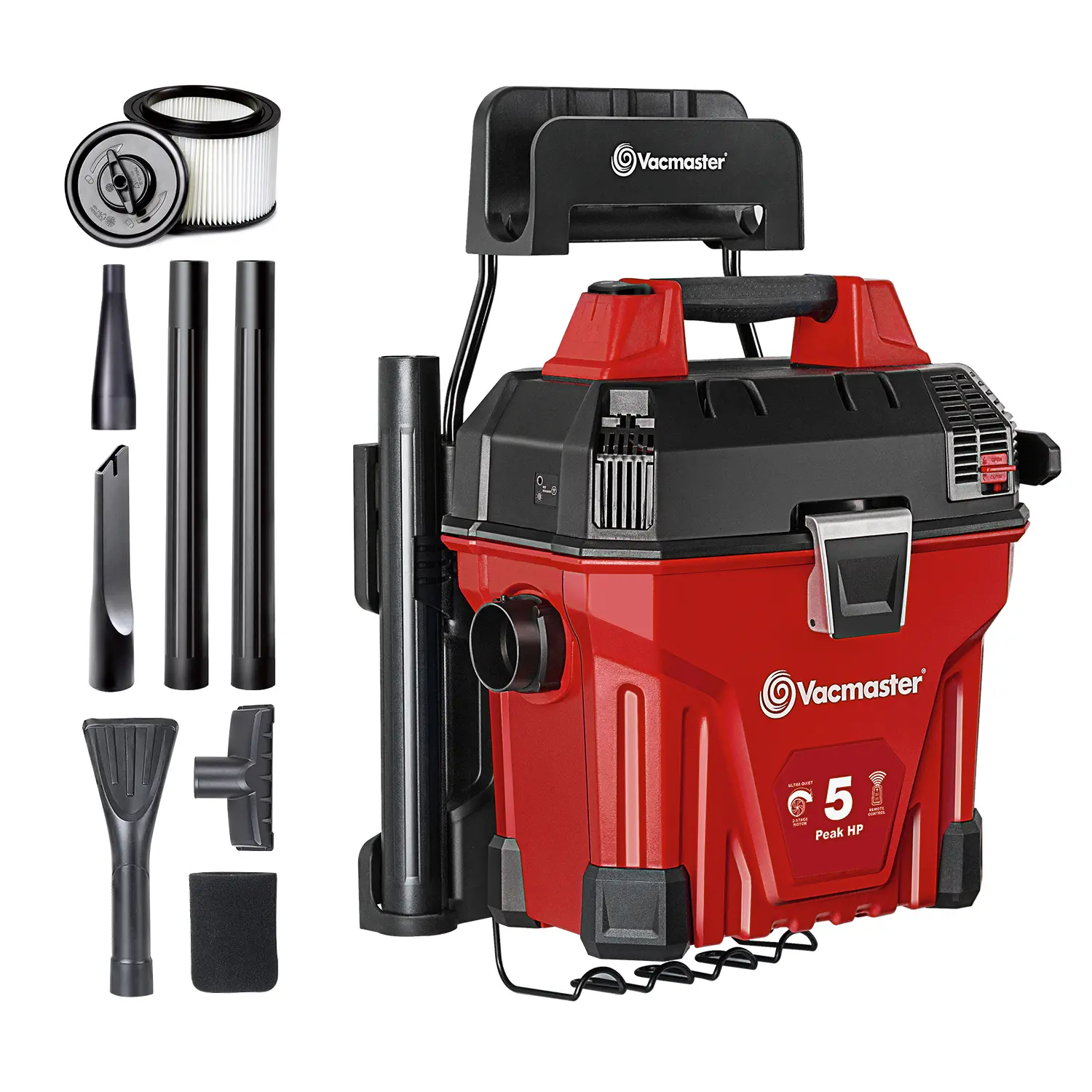 VacMaster VWMB508 1101 5-Gal Wall-Mount Wet/Dry Vacuum - Handy Home Cleaning Machine with Remote Control, Blow Function, US Plug, Red (Wet Dry Vacuums for Household Use), Handy Vacuum