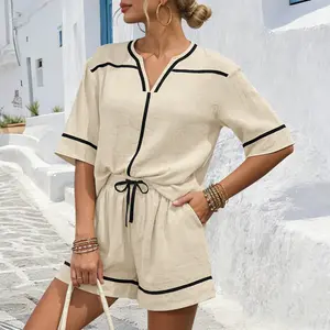 ETCYY Womens 2 Piece Summer Lounge Set - Casual Linen Blend Short Sleeve V Neck Shirt & High Waisted Shorts Outfit - Breathable Soft Vacation Beachwear Tracksuit
