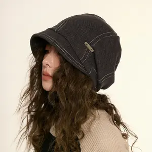 Retro-style Fisherman's Hat for Women Black Casual Street Style Flattering Slimming Pile Beanie Perfect for Autumn Winter