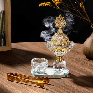 Middle Eastern Crystal Incense Burner Set, Transparent Glass Candle Holder, Arabic Home Decor, Party Atmosphere, Charcoal Fire Clip Included, Scented Fragrance Aroma, Aromatic Scent
