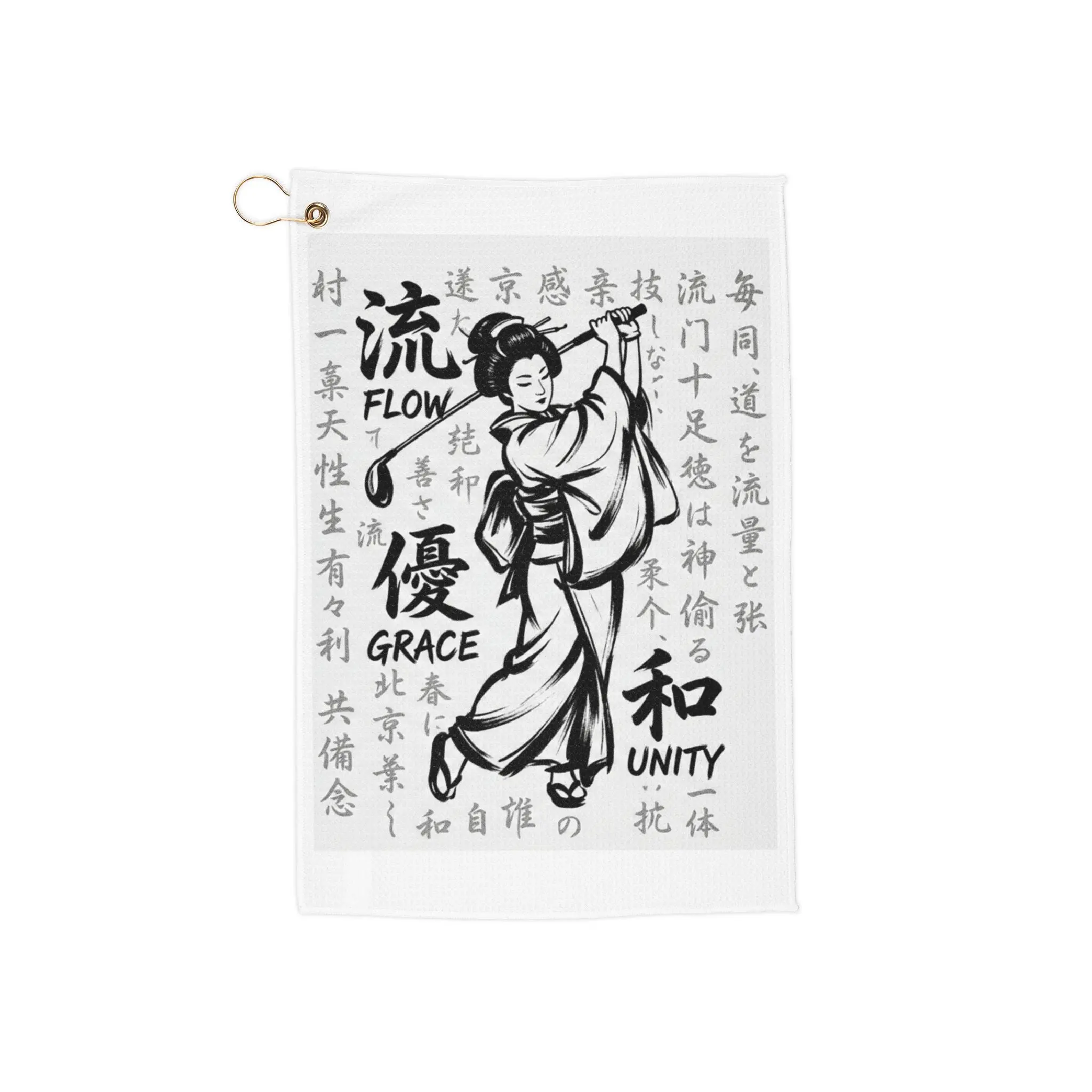 Japanese Geisha Golf Towel with 'Flow Grace Unity' Print, Golf Accessories for Golfing Use