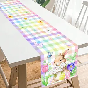 1 Piece Easter Colorful Tablecloth/Table Runner with Tulips and Easter Eggs Adorned with Cute Rabbits, Spring New Design Table Runner, Spring Home Decor Tablecloth, Durable Polyester Material, Suitable for Dining Room, Living Room, Kitchen, TV Cabinet, an