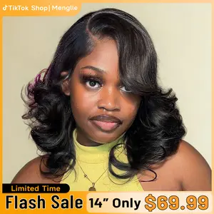 [New In 7x6 Wig] Menglle Hair Glueless Layered Cut Loose Wave 7×6 Clear Lace Wig Shoulder Length Human Hair Short Transparent Lace Wavy Bob Wig  Pre Hairstyle Honey Blonde Highlight / Natural Black#springfresh#GiftedInLove